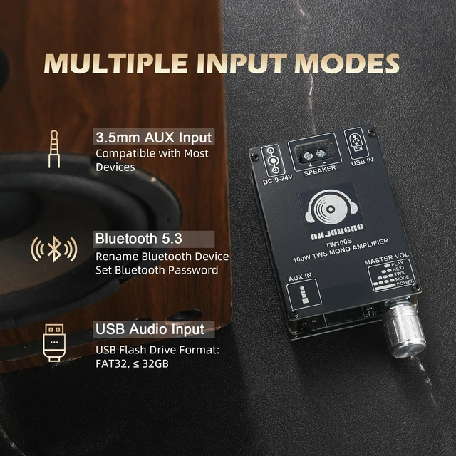 Alt view image 4 of 6 - TW100S Mono Bluetooth Amplifier Board with TWS, 100W Vehicle Audio Amplifier with TPA3116, Wide Voltage Input 9-24V, Supports USB/AUX/Bluetooth Input