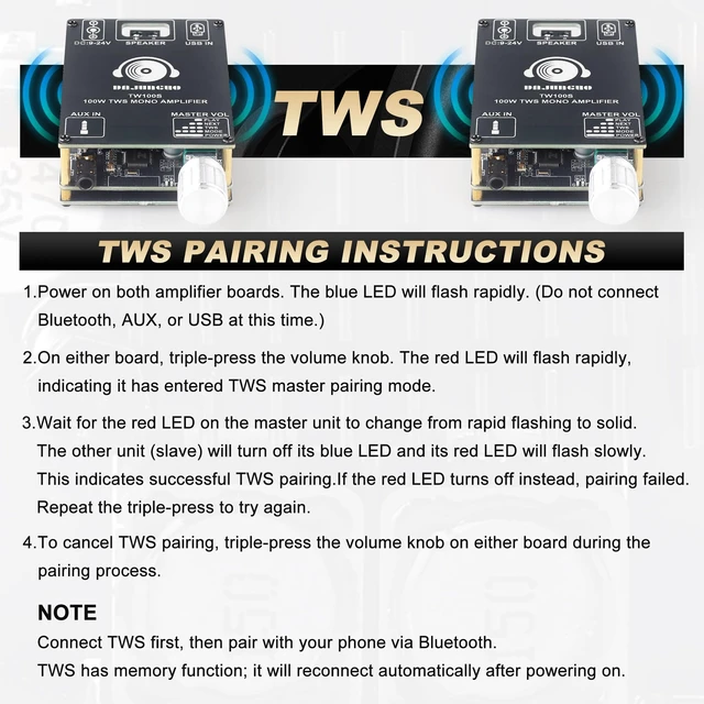 Alt view image 3 of 6 - TW100S Mono Bluetooth Amplifier Board with TWS, 100W Vehicle Audio Amplifier with TPA3116, Wide Voltage Input 9-24V, Supports USB/AUX/Bluetooth Input