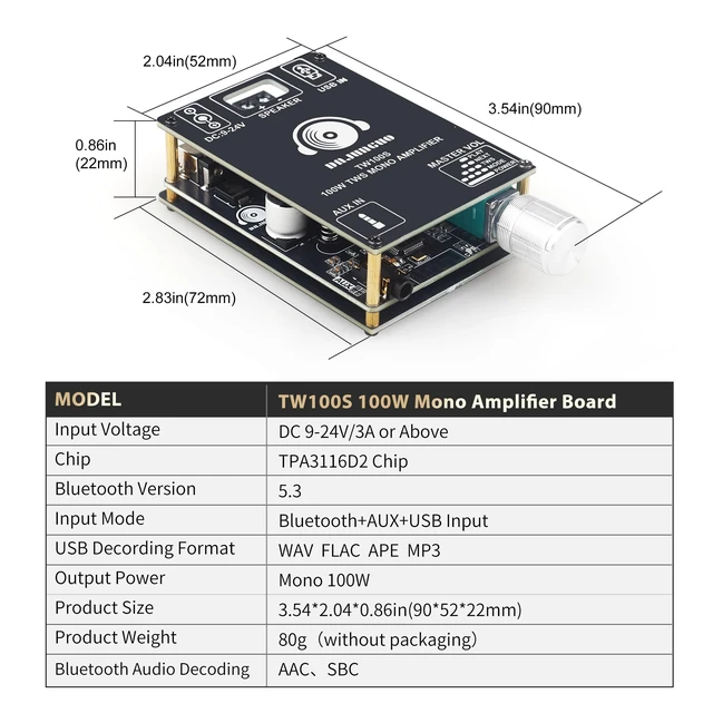 Alt view image 5 of 6 - TW100S Mono Bluetooth Amplifier Board with TWS, 100W Vehicle Audio Amplifier with TPA3116, Wide Voltage Input 9-24V, Supports USB/AUX/Bluetooth Input