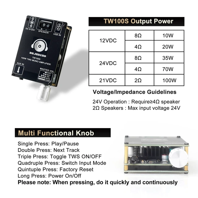 Alt view image 6 of 6 - TW100S Mono Bluetooth Amplifier Board with TWS, 100W Vehicle Audio Amplifier with TPA3116, Wide Voltage Input 9-24V, Supports USB/AUX/Bluetooth Input