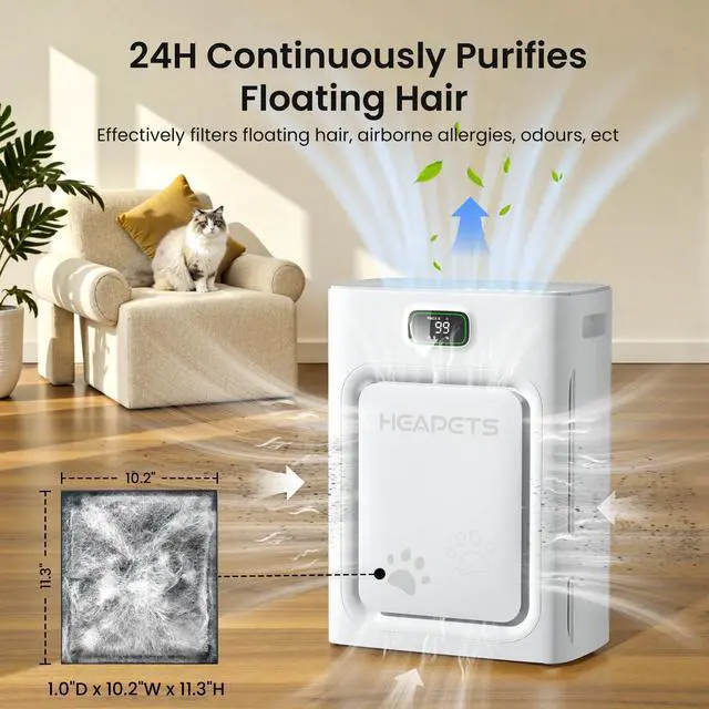 Alt view image 4 of 7 - Pet Air Purifier for Home Large Room 2500 sq ft, H13 HEPA Washable Double-Sided Filter,Air Cleaner for Pet Hair Dander Odor Allergies Pollutant Smoke Dust,PM2.5 Air Quality Monitor,Auto Mode,P358 Grey