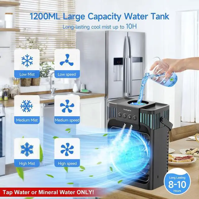 Alt view image 2 of 7 - Portable Air Conditioners, 4-in-1 Evaporative Air Cooler with Remote Control, Cooling Fan with 3 Modes, 3 Speeds & 7 LED Lights, 2-8H Timer, 1200ML Personal Mini AC Unit for Home, Bedroom