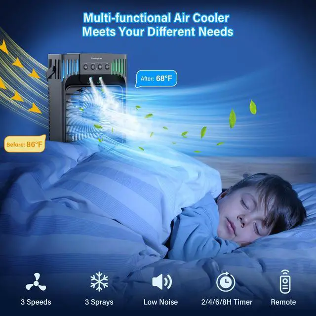 Alt view image 7 of 7 - Portable Air Conditioners, 4-in-1 Evaporative Air Cooler with Remote Control, Cooling Fan with 3 Modes, 3 Speeds & 7 LED Lights, 2-8H Timer, 1200ML Personal Mini AC Unit for Home, Bedroom