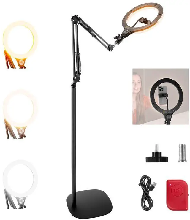 Main image of Entry Level Version 10" 10W Ring Light with 46"-63" Stand, Overhead Phone Holder Mount Compatible with iPhone, Bi Color LED Selfie Lighting CRI85+ for TikTok Video Recording Streaming, N44