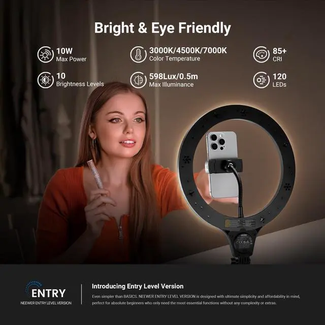 Alt view image 2 of 7 - Entry Level Version 10" 10W Ring Light with 46"-63" Stand, Overhead Phone Holder Mount Compatible with iPhone, Bi Color LED Selfie Lighting CRI85+ for TikTok Video Recording Streaming, N44