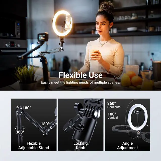 Alt view image 5 of 7 - Entry Level Version 10" 10W Ring Light with 46"-63" Stand, Overhead Phone Holder Mount Compatible with iPhone, Bi Color LED Selfie Lighting CRI85+ for TikTok Video Recording Streaming, N44