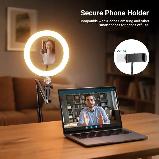 Alt view image 6 of 7 - Entry Level Version 10" 10W Ring Light with 46"-63" Stand, Overhead Phone Holder Mount Compatible with iPhone, Bi Color LED Selfie Lighting CRI85+ for TikTok Video Recording Streaming, N44