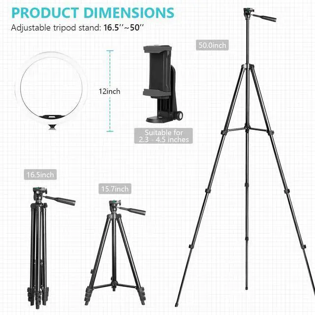 Alt view image 5 of 5 - 12'' Ring Light with 50'' Extendable Tripod Stand, LED Circle Lights with Phone Holder for Live Stream/Makeup/YouTube Video/TikTok, Compatible with All Phones