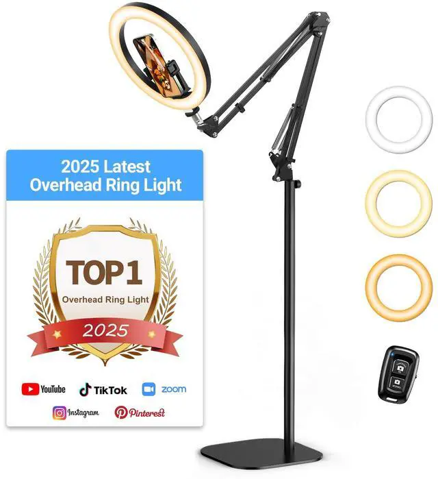 Main image of Latest Ring Light with Stand Tripod for iPhone, Overhead Phone Camera Mount with Light and Phone Holder Stand for Recording, 10 Selfie Light for Video,Streaming,Photography, Tiktok, YouTube