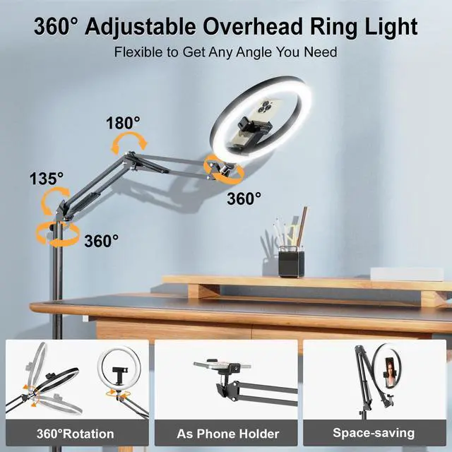 Alt view image 3 of 6 - Latest Ring Light with Stand Tripod for iPhone, Overhead Phone Camera Mount with Light and Phone Holder Stand for Recording, 10 Selfie Light for Video,Streaming,Photography, Tiktok, YouTube