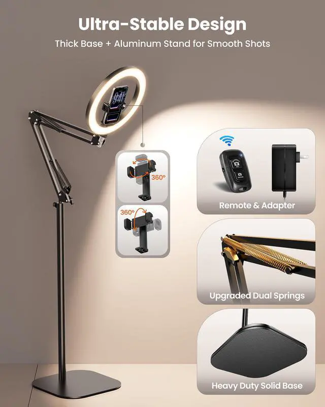 Alt view image 6 of 7 - Ring Light with Stand Tripod for iPhone Upgrade 1800 Lumens 10 Overhead Phone Tripod with Light, 2X Brighter Lighting for Video Recording, TikTok, YouTube, Streaming & Content Creator Essentials