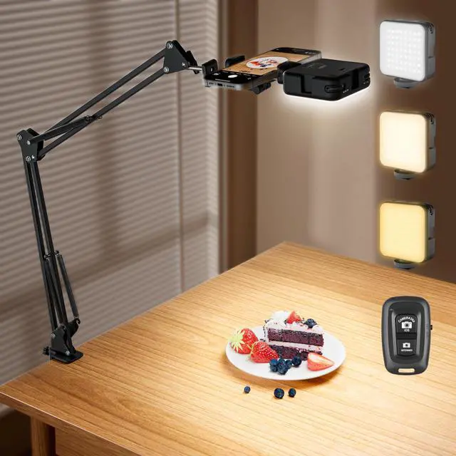 Main image of Overhead Phone Mount with LED Selfie Light and Bluetooth Remote, Rechargeable Ring Light Tripod Stand with Flexible Boom Arm, Desk Phone Holder for Video Recording, Live Streaming, TikTok, Vlogging