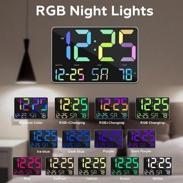 Alt view image 2 of 7 - RGB Digital Alarm Clock with Snooze,Temperature,Auto Dimming,11.5" Large Display Calendar,Desk/Wall Clock for Bedroom,Living Room,Office,Home,Classroom,Kids,Elderly