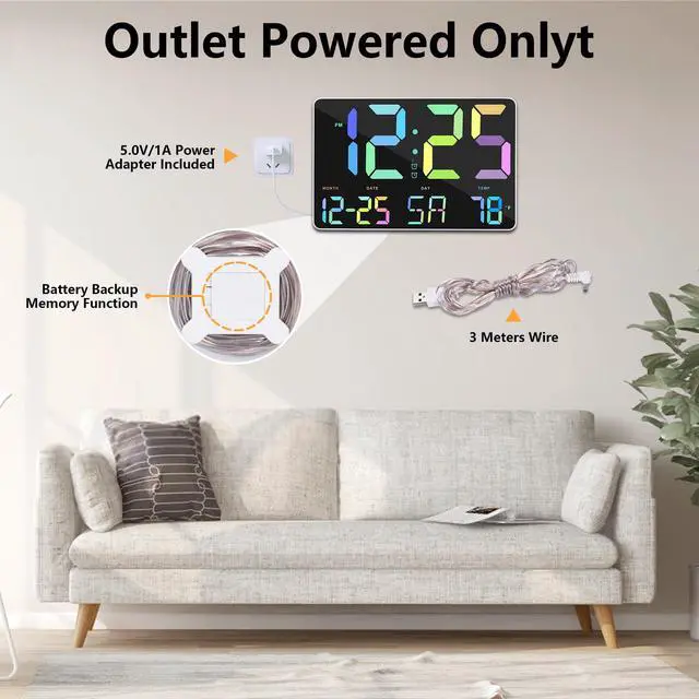 Alt view image 3 of 7 - RGB Digital Alarm Clock with Snooze,Temperature,Auto Dimming,11.5" Large Display Calendar,Desk/Wall Clock for Bedroom,Living Room,Office,Home,Classroom,Kids,Elderly