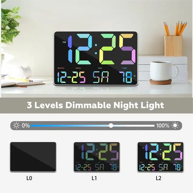 Alt view image 4 of 7 - RGB Digital Alarm Clock with Snooze,Temperature,Auto Dimming,11.5" Large Display Calendar,Desk/Wall Clock for Bedroom,Living Room,Office,Home,Classroom,Kids,Elderly