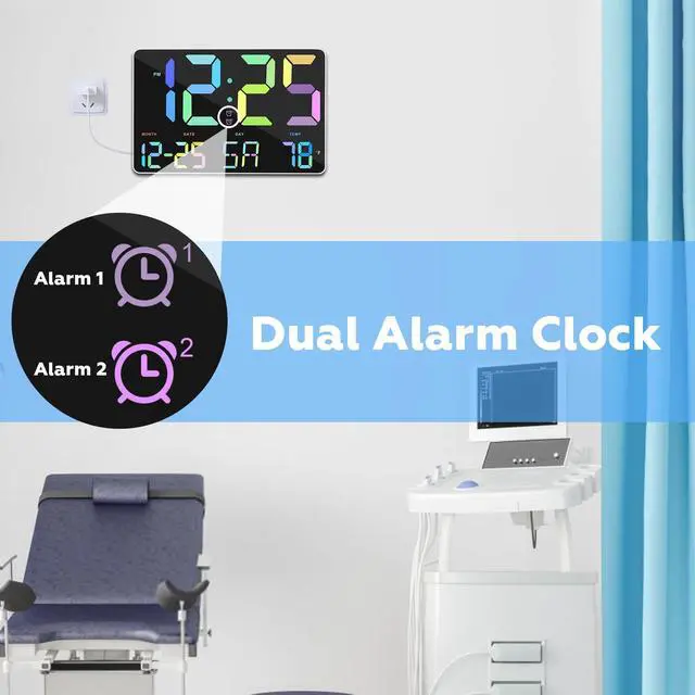 Alt view image 6 of 7 - RGB Digital Alarm Clock with Snooze,Temperature,Auto Dimming,11.5" Large Display Calendar,Desk/Wall Clock for Bedroom,Living Room,Office,Home,Classroom,Kids,Elderly