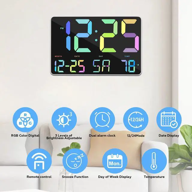 Alt view image 5 of 7 - RGB Digital Alarm Clock with Snooze,Temperature,Auto Dimming,11.5" Large Display Calendar,Desk/Wall Clock for Bedroom,Living Room,Office,Home,Classroom,Kids,Elderly
