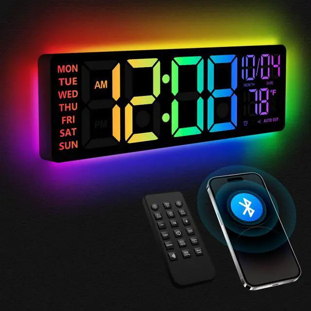 Main image of 16" Digital Wall Clock with Night Light, Digital Clock with RGB Colors Changing Remote Control, Dual Alarm, Dimmer, Auto DST, Voice Control, Auto Time Sync, Clocks for Living Room, Gift for Elderly