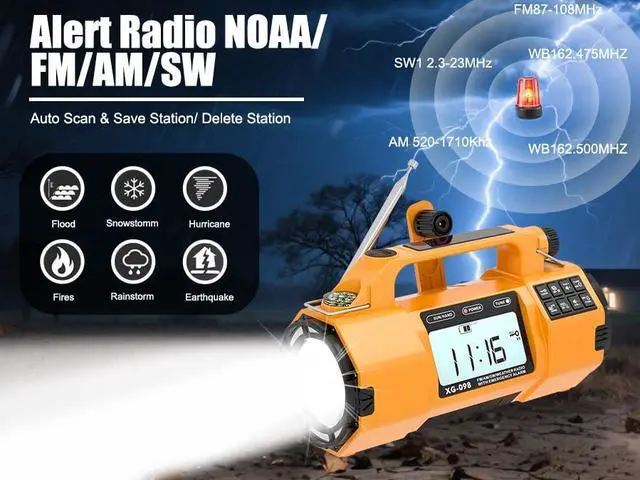 Alt view image 4 of 7 - Hand Crank Emergency Radio with NOAA Weather Alert, Replaceable Battery, Rechargeable Portable Solar SW/AM/FM Radio, Clock SOS Alarm & Flashlight Headphone Jack Emergencies