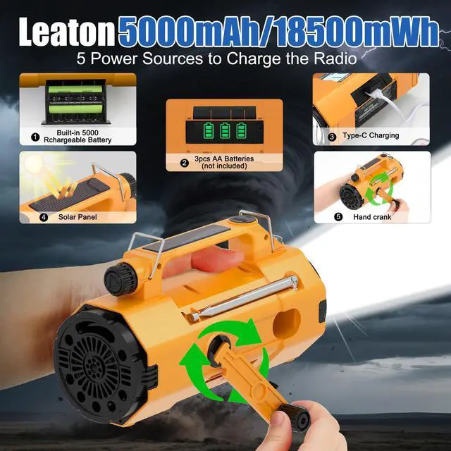 Alt view image 3 of 7 - Hand Crank Emergency Radio with NOAA Weather Alert, Replaceable Battery, Rechargeable Portable Solar SW/AM/FM Radio, Clock SOS Alarm & Flashlight Headphone Jack Emergencies