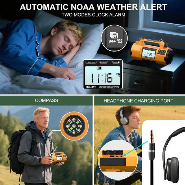 Alt view image 7 of 7 - Hand Crank Emergency Radio with NOAA Weather Alert, Replaceable Battery, Rechargeable Portable Solar SW/AM/FM Radio, Clock SOS Alarm & Flashlight Headphone Jack Emergencies