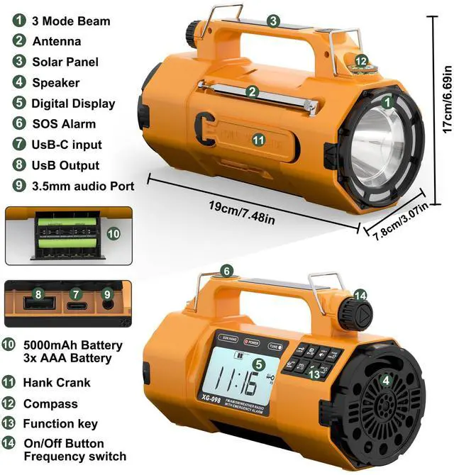 Alt view image 6 of 7 - Hand Crank Emergency Radio with NOAA Weather Alert, Replaceable Battery, Rechargeable Portable Solar SW/AM/FM Radio, Clock SOS Alarm & Flashlight Headphone Jack Emergencies