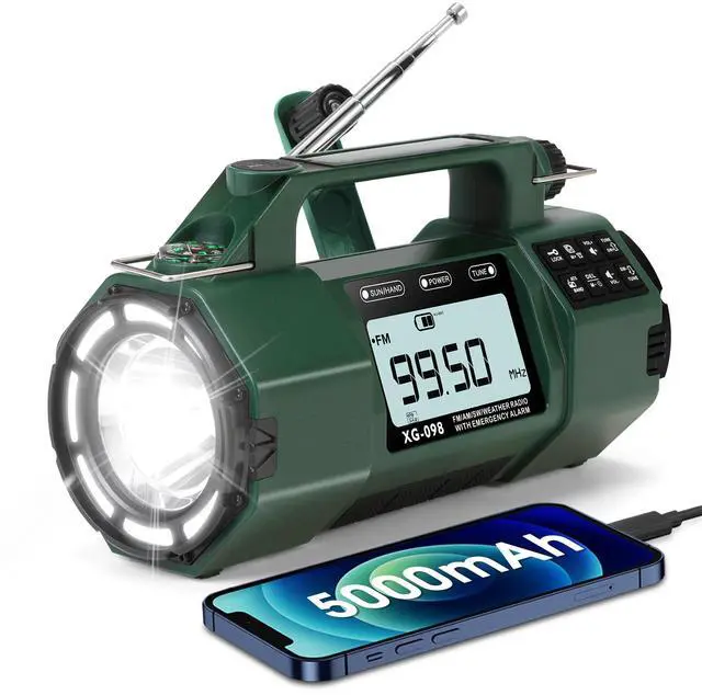 Main image of Emergency NOAA Weather Alert Radio FM/AM/SW, Hand Crank Radio Solar Powered with Battery Drawer, USB-C, Flashlight, SOS Alarm, Sleep Timer Clock Alarm for Home/Outdoor Emergencies