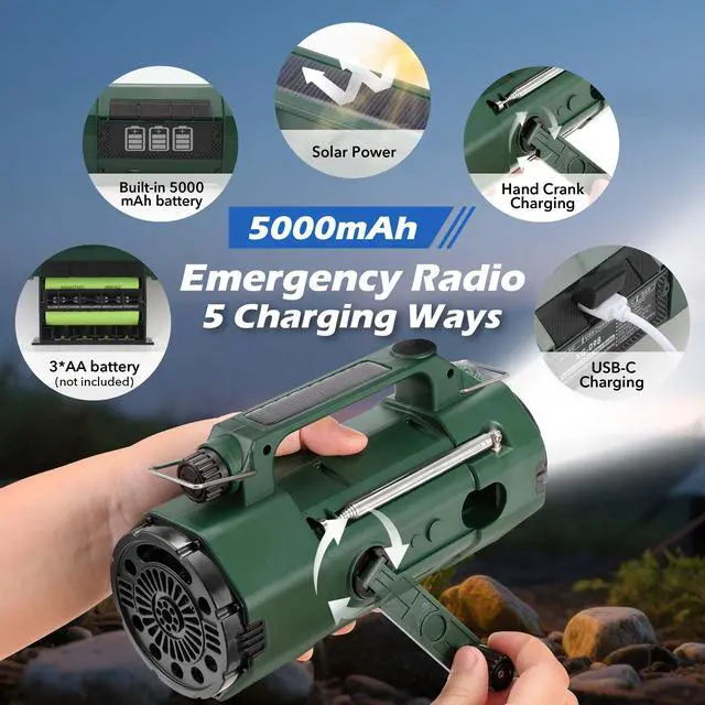Alt view image 3 of 6 - Emergency NOAA Weather Alert Radio FM/AM/SW, Hand Crank Radio Solar Powered with Battery Drawer, USB-C, Flashlight, SOS Alarm, Sleep Timer Clock Alarm for Home/Outdoor Emergencies