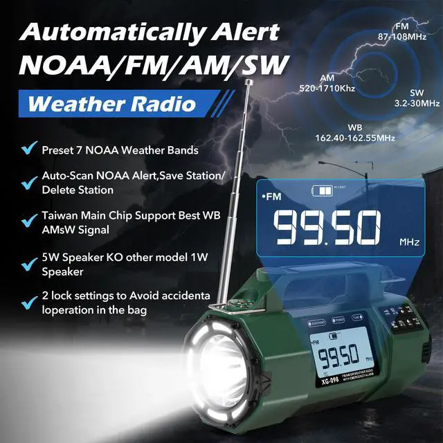 Alt view image 2 of 6 - Emergency NOAA Weather Alert Radio FM/AM/SW, Hand Crank Radio Solar Powered with Battery Drawer, USB-C, Flashlight, SOS Alarm, Sleep Timer Clock Alarm for Home/Outdoor Emergencies