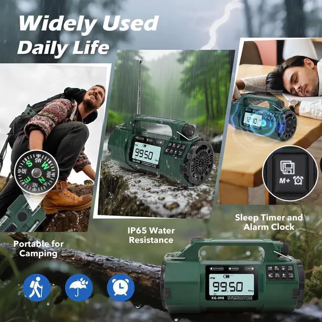 Alt view image 5 of 6 - Emergency NOAA Weather Alert Radio FM/AM/SW, Hand Crank Radio Solar Powered with Battery Drawer, USB-C, Flashlight, SOS Alarm, Sleep Timer Clock Alarm for Home/Outdoor Emergencies