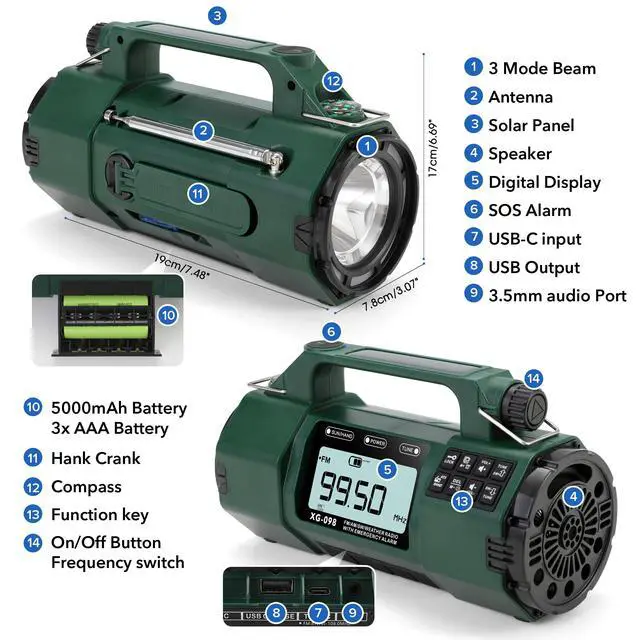 Alt view image 6 of 6 - Emergency NOAA Weather Alert Radio FM/AM/SW, Hand Crank Radio Solar Powered with Battery Drawer, USB-C, Flashlight, SOS Alarm, Sleep Timer Clock Alarm for Home/Outdoor Emergencies