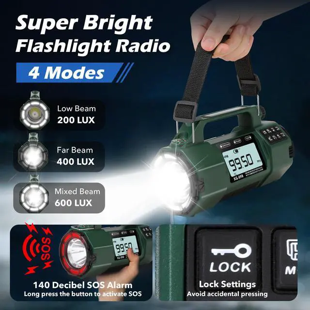 Alt view image 4 of 6 - Emergency NOAA Weather Alert Radio FM/AM/SW, Hand Crank Radio Solar Powered with Battery Drawer, USB-C, Flashlight, SOS Alarm, Sleep Timer Clock Alarm for Home/Outdoor Emergencies
