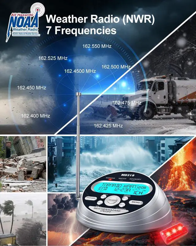 Alt view image 3 of 7 - NOAA Weather Alert Radio with S.A.M.E Localized Programming, 23 County Codes & 80+ Emergency Alerts, Battery Backup, Alarm Clock, External Antenna and Warning Light for Home & Emergency