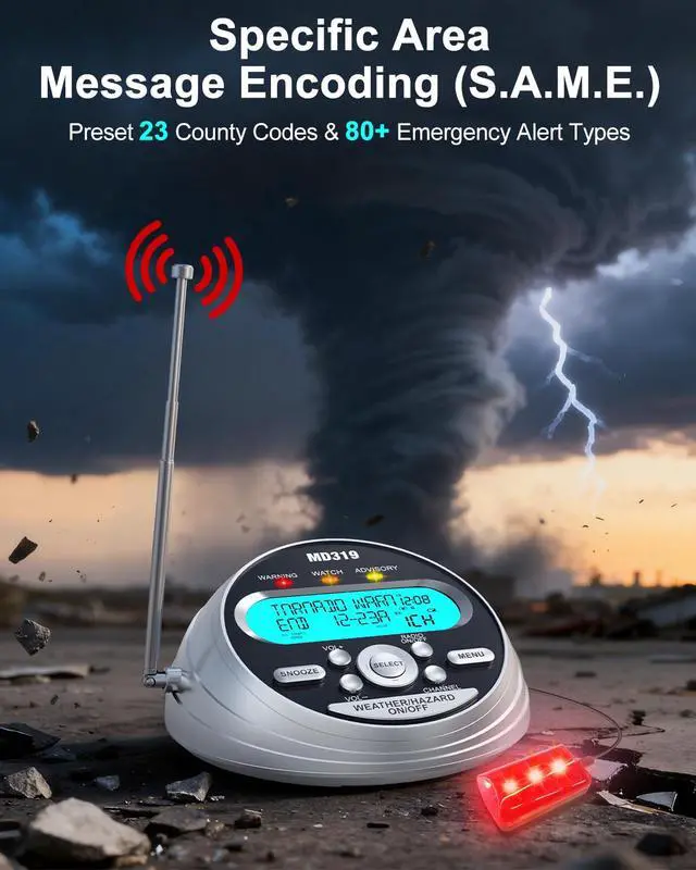 Alt view image 2 of 7 - NOAA Weather Alert Radio with S.A.M.E Localized Programming, 23 County Codes & 80+ Emergency Alerts, Battery Backup, Alarm Clock, External Antenna and Warning Light for Home & Emergency