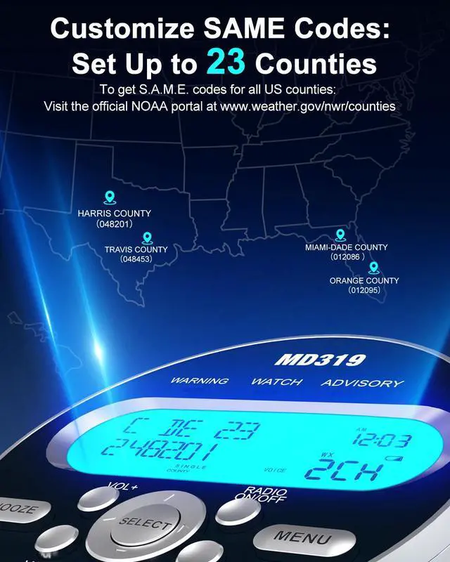 Alt view image 4 of 7 - NOAA Weather Alert Radio with S.A.M.E Localized Programming, 23 County Codes & 80+ Emergency Alerts, Battery Backup, Alarm Clock, External Antenna and Warning Light for Home & Emergency