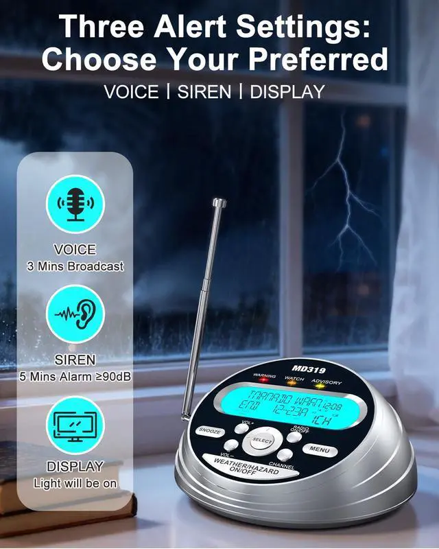 Alt view image 5 of 7 - NOAA Weather Alert Radio with S.A.M.E Localized Programming, 23 County Codes & 80+ Emergency Alerts, Battery Backup, Alarm Clock, External Antenna and Warning Light for Home & Emergency