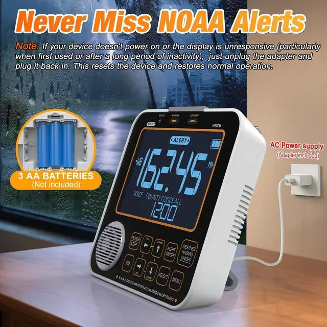 Alt view image 3 of 7 - NOAA Weather Alert Radio for Home - S.A.M.E. Localized Programming, 23 Country Codes & 75+ Emergency Alerts NOAA Weather Radio with Battery Backup External Antenna and Warning Light for Home