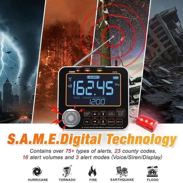 Alt view image 2 of 7 - NOAA Weather Alert Radio for Home - S.A.M.E. Localized Programming, 23 Country Codes & 75+ Emergency Alerts NOAA Weather Radio with Battery Backup External Antenna and Warning Light for Home