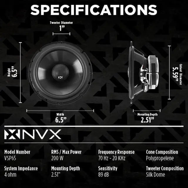 Alt view image 4 of 7 - VSP65 6.5" Premium Car Speakers, 600W Max, 200W RMS, 2-Way 6-1/2 inch Coaxial w/ 1" Silk Dome Tweeters & Built-in X-Overs, Easy to Install in Cars/Trucks/Doors (Pair)