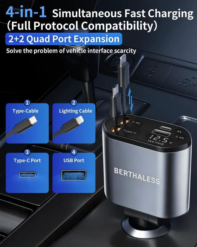 Alt view image 5 of 6 - Retractable Car Charger, 4 in 1 Fast Charging Car Charger with USB-C & USB-A, Compatible with iPhone 17/16/15/14/13/12/11,Galaxy,Pixel, Car Accessories for Men Women Drivers