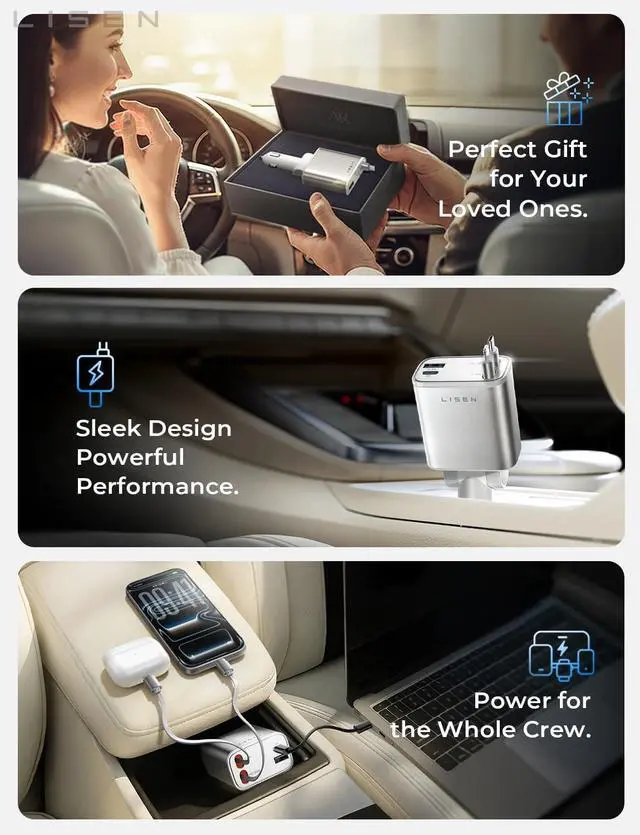 Alt view image 4 of 7 - Retractable Car Charger for iPhone, for iPhone 17 Pro Max 16 15 14 13 12 Plus Mini, Cute 4 in 1 Retractable USB C Car Charger Fast Chareg for Women Men, 84W Fast Charging Car Accessorie