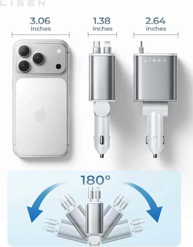 Alt view image 5 of 7 - Retractable Car Charger for iPhone, for iPhone 17 Pro Max 16 15 14 13 12 Plus Mini, Cute 4 in 1 Retractable USB C Car Charger Fast Chareg for Women Men, 84W Fast Charging Car Accessorie