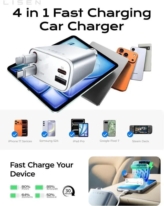 Alt view image 6 of 7 - Retractable Car Charger for iPhone, for iPhone 17 Pro Max 16 15 14 13 12 Plus Mini, Cute 4 in 1 Retractable USB C Car Charger Fast Chareg for Women Men, 84W Fast Charging Car Accessorie