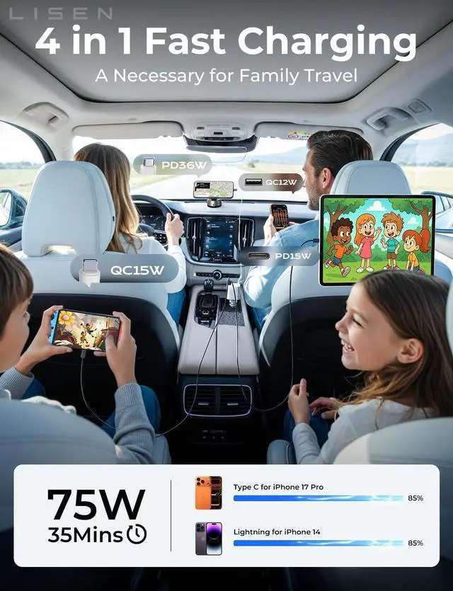 Alt view image 7 of 7 - Retractable Car Charger for iPhone, for iPhone 17 Pro Max 16 15 14 13 12 Plus Mini, Cute 4 in 1 Retractable USB C Car Charger Fast Chareg for Women Men, 84W Fast Charging Car Accessorie