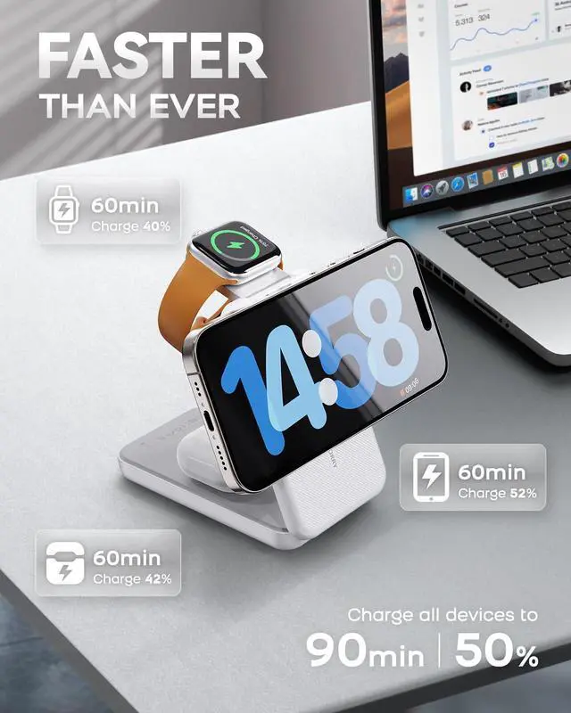 Alt view image 3 of 7 - Portable Charger, 3-in-1 Charging Station 10000mAh Portable Charger Power Bank for MagSafe Foldable Battery Pack Travel for iPhone 17/16/15/14/13/12, for Apple Watch 11/10/9/8/7/Ultra/3/2, White