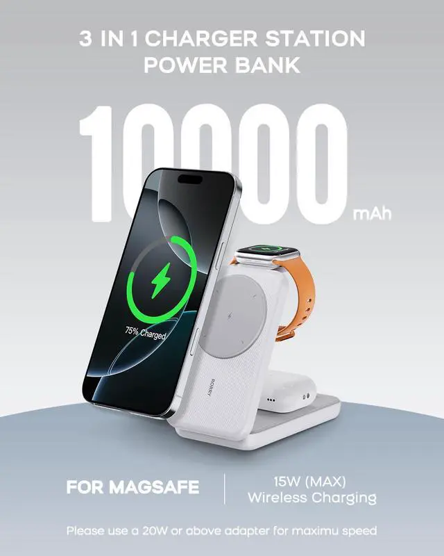 Alt view image 2 of 7 - Portable Charger, 3-in-1 Charging Station 10000mAh Portable Charger Power Bank for MagSafe Foldable Battery Pack Travel for iPhone 17/16/15/14/13/12, for Apple Watch 11/10/9/8/7/Ultra/3/2, White