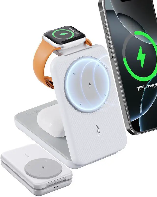 Main image of Portable Charger, 3-in-1 Charging Station 10000mAh Portable Charger Power Bank for MagSafe Foldable Battery Pack Travel for iPhone 17/16/15/14/13/12, for Apple Watch 11/10/9/8/7/Ultra/3/2, White