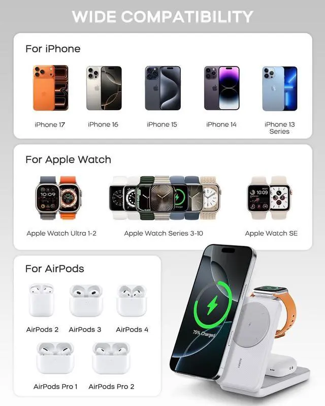 Alt view image 4 of 7 - Portable Charger, 3-in-1 Charging Station 10000mAh Portable Charger Power Bank for MagSafe Foldable Battery Pack Travel for iPhone 17/16/15/14/13/12, for Apple Watch 11/10/9/8/7/Ultra/3/2, White