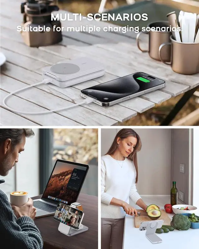 Alt view image 5 of 7 - Portable Charger, 3-in-1 Charging Station 10000mAh Portable Charger Power Bank for MagSafe Foldable Battery Pack Travel for iPhone 17/16/15/14/13/12, for Apple Watch 11/10/9/8/7/Ultra/3/2, White