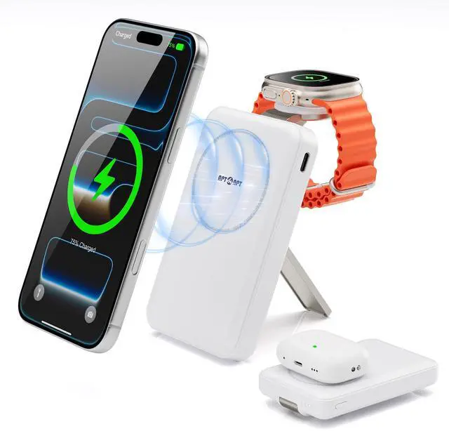 Main image of Magnetic Portable Charger, 10000mAh MagSafe Power Bank Fast Charging with Stand, 3 in 1 Travel Essential Wireless Charger Station for iPhone 17/16/15/14/13/12, Apple Watch, Airpods, White